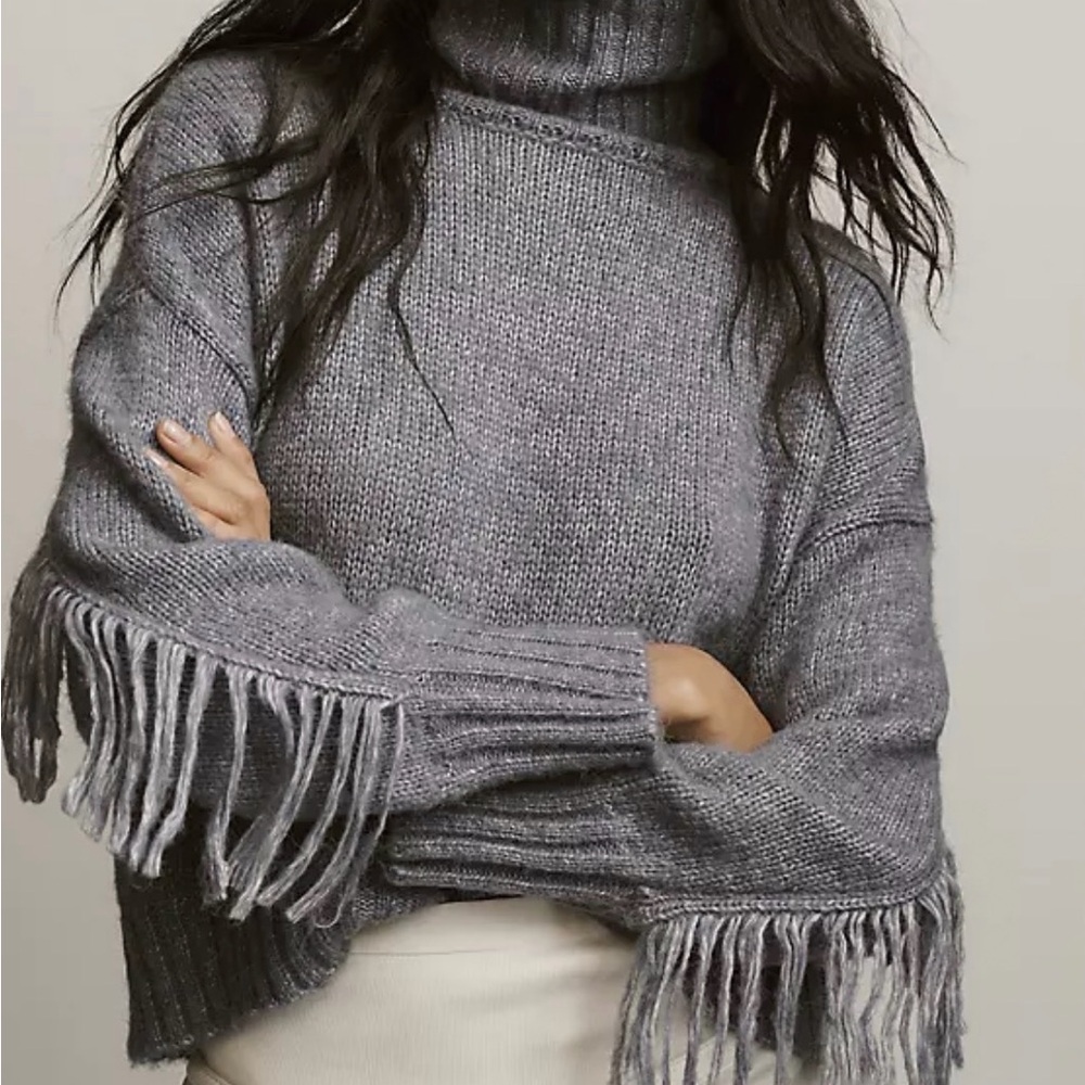 Anthropologie Blue Fringe Turtleneck Sweater